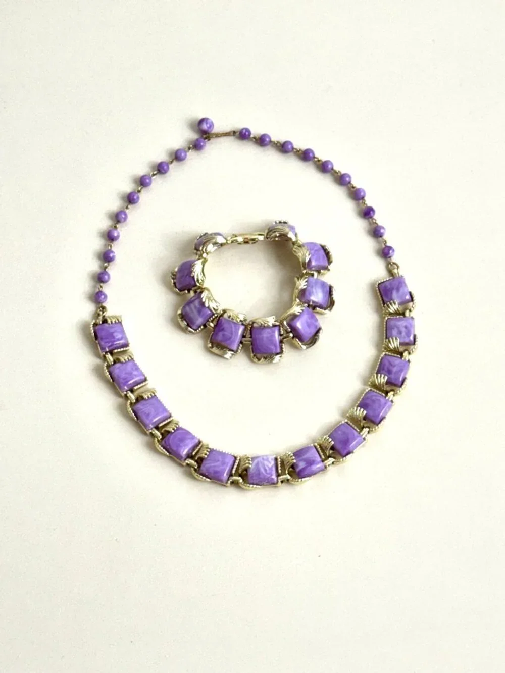 Vintage Coro Mid Century Thermoset Purple Gold-Tone Necklace & Bracelet Set MCM